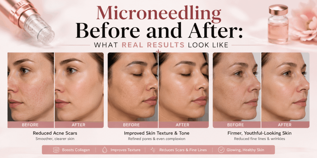 Microneedling Before and After – Skin treatment comparison showing changes in skin texture and appearance following microneedling sessions.
