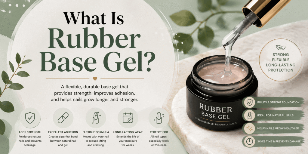 Rubber Base Gel – Flexible nail gel base used to strengthen natural nails and create a smooth foundation for manicures.
