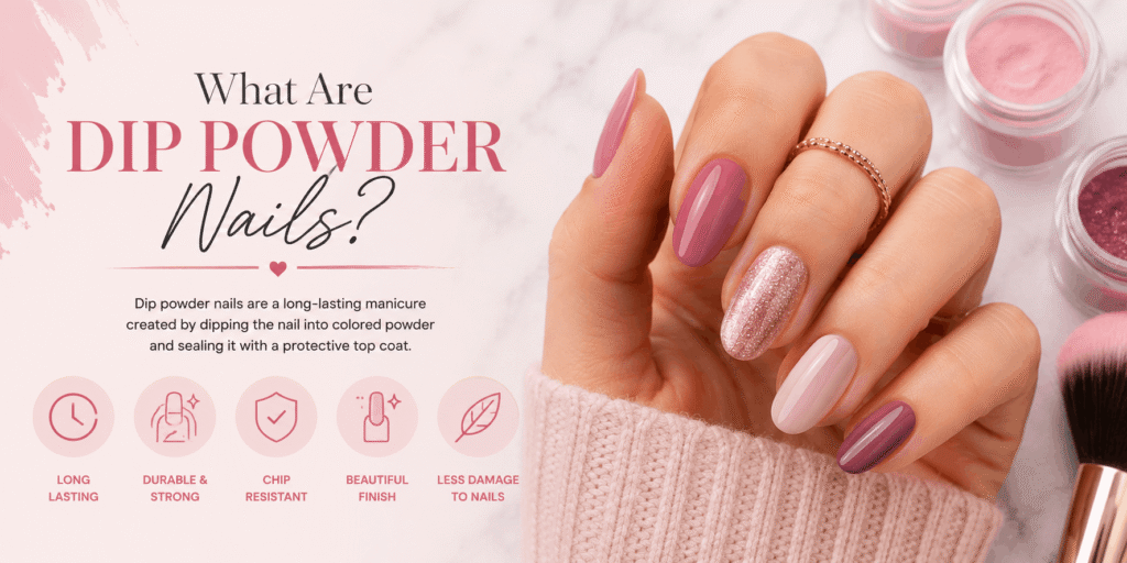 Dip Powder Nails – Stylish dip powder manicure featuring smooth, glossy nails with a clean and polished finish.