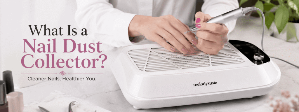 Nail Dust Collector – Professional manicure dust collector removing nail dust during an acrylic or gel nail treatment.