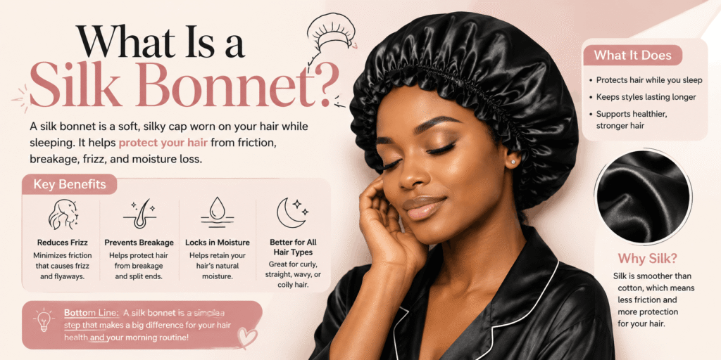 What is a silk bonnet? Woman wearing a black silk bonnet with hair-care benefits
