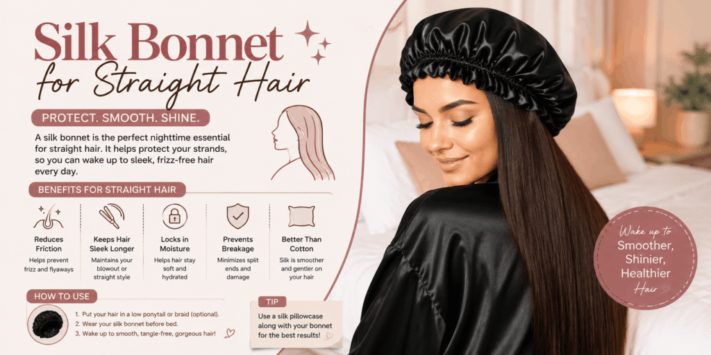 Silk bonnet for straight hair to reduce frizz and protect hair overnight