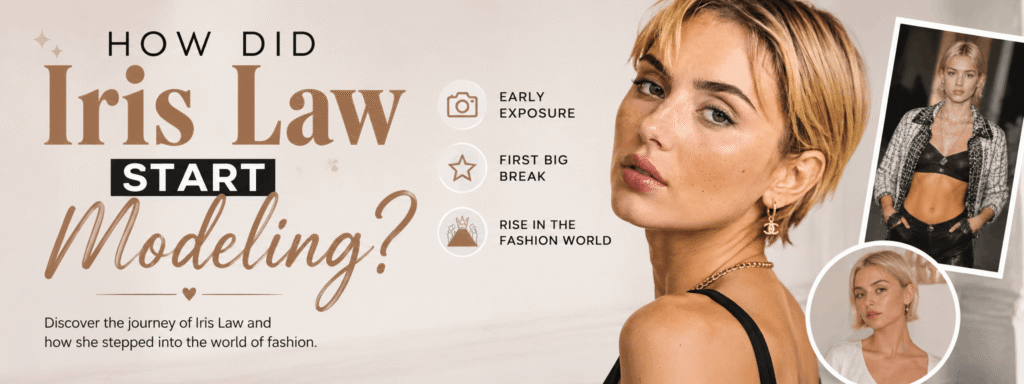 Iris Law modeling career journey with fashion portraits and early career milestones