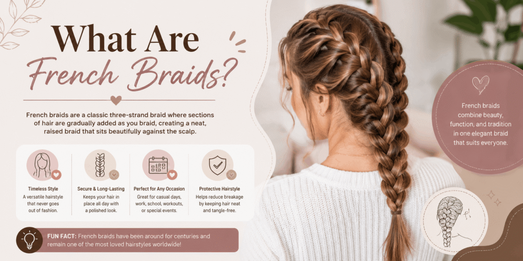 Woman wearing a classic French braid with an infographic explaining what French braids are.