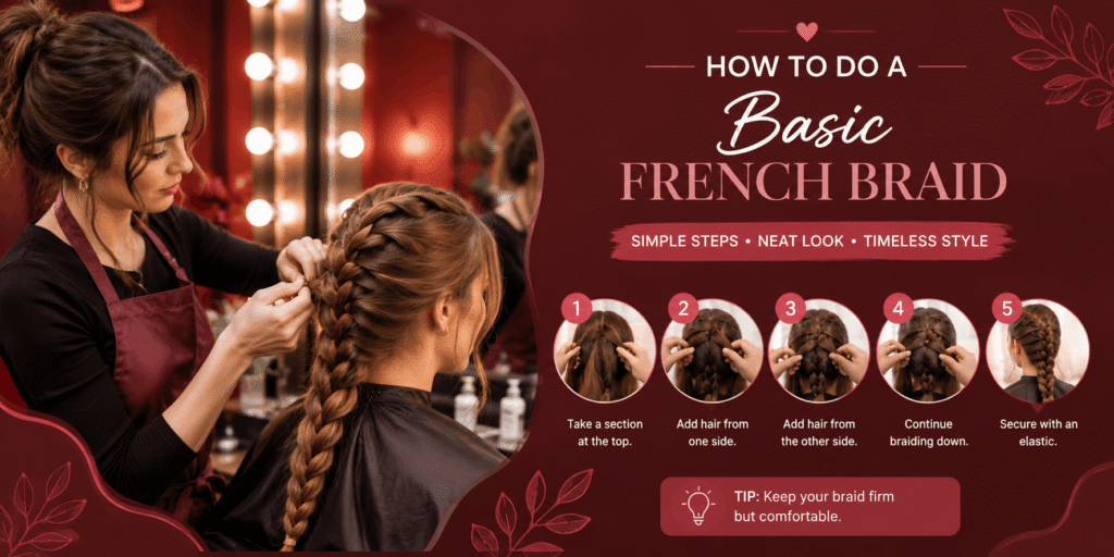 Salon stylist creating a basic French braid on a client