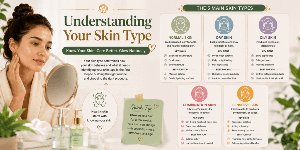 Understanding your skin type with a guide to normal, dry, oily, combination, and sensitive skin