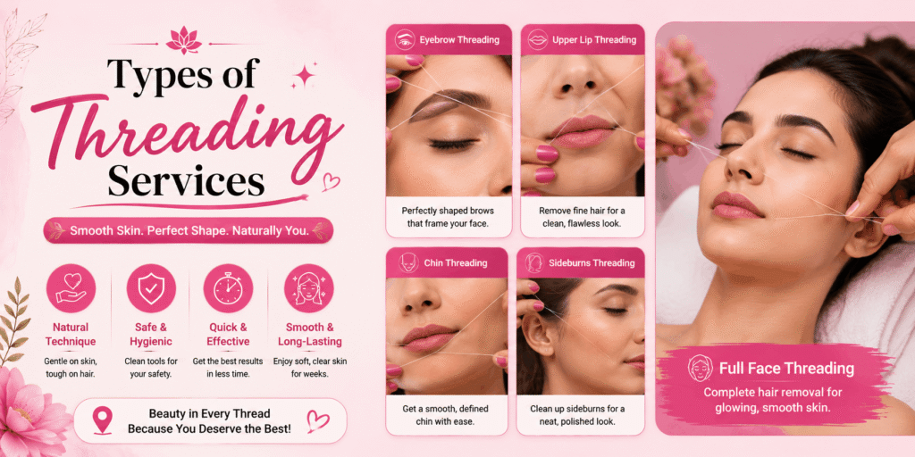 Types of threading services including eyebrow, upper lip, chin, and full face threading.