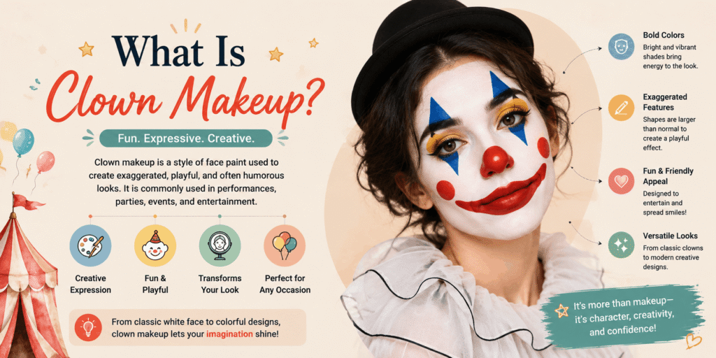 What is clown makeup with colorful face paint and exaggerated playful features