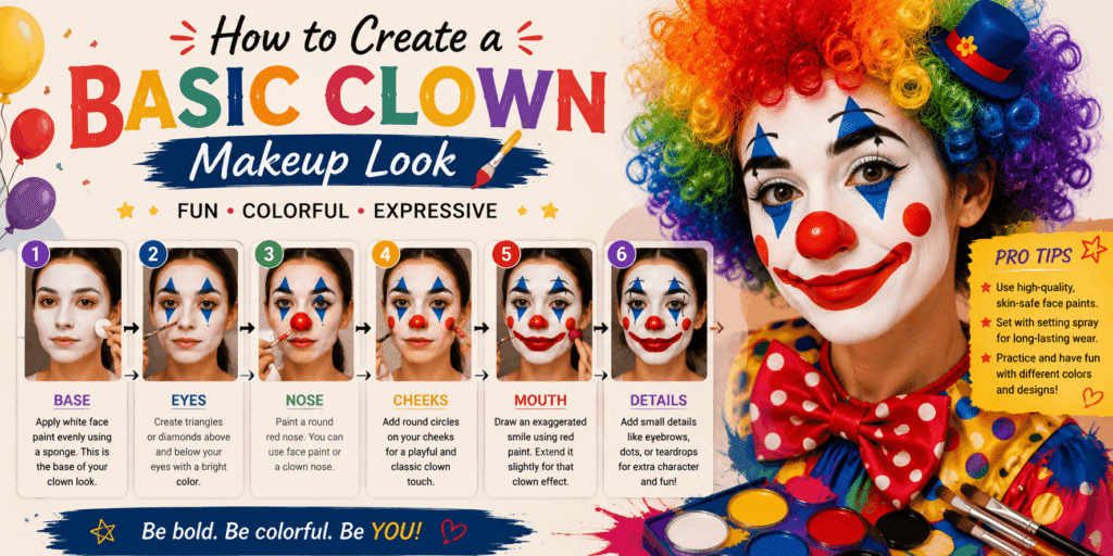 How to create a basic clown makeup look with colorful face paint and step-by-step details