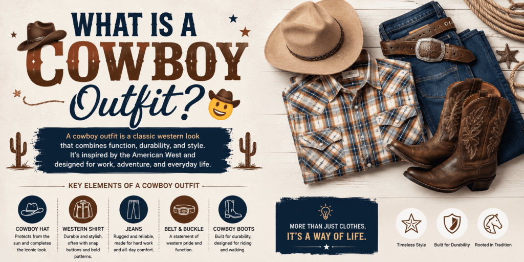 What is a cowboy outfit with a western hat, plaid shirt, jeans, belt, and cowboy boots