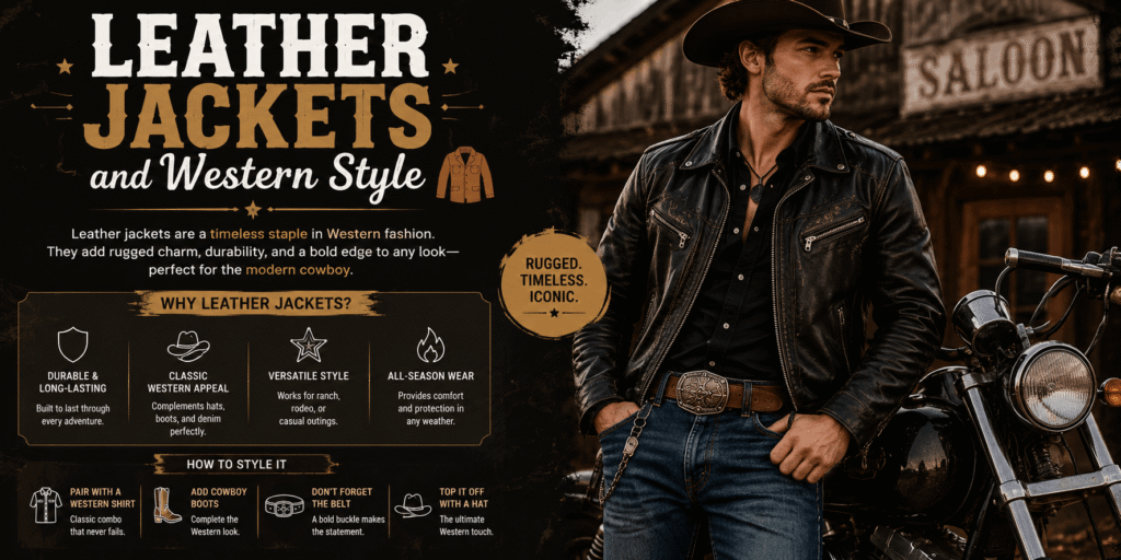 Leather jackets and western style with a rugged cowboy-inspired outfit