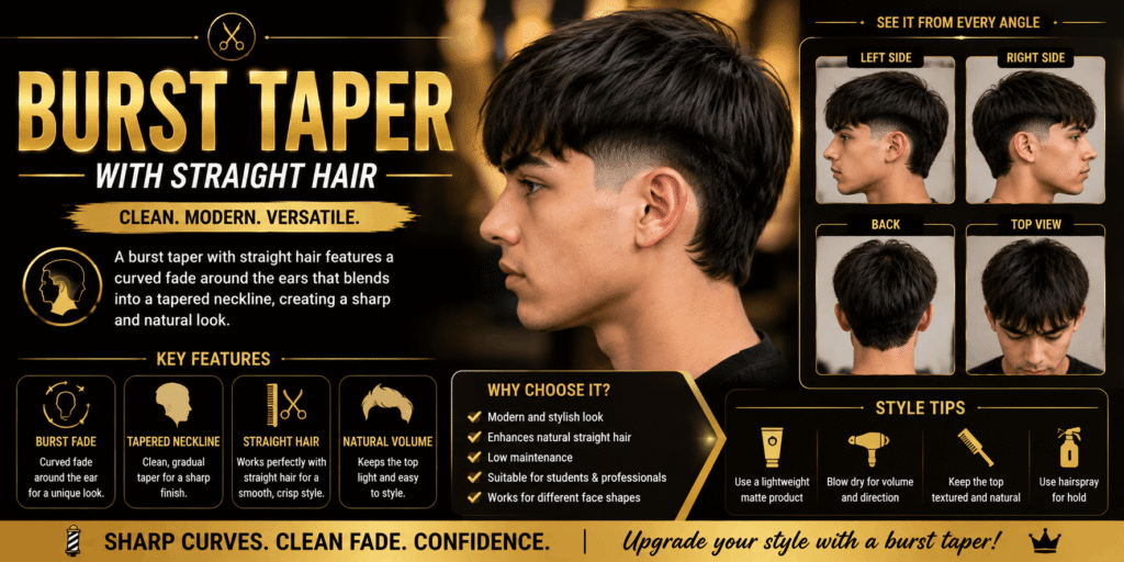 Burst taper with straight hair featuring a clean curved fade and tapered neckline