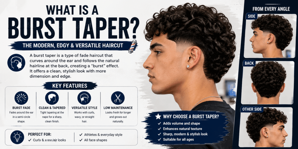 What is a burst taper haircut with tapered sides and a curved fade around the ears