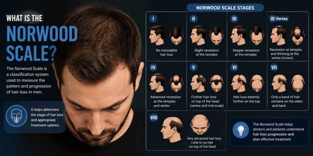 What is the Norwood Scale showing the stages and progression of male pattern hair loss