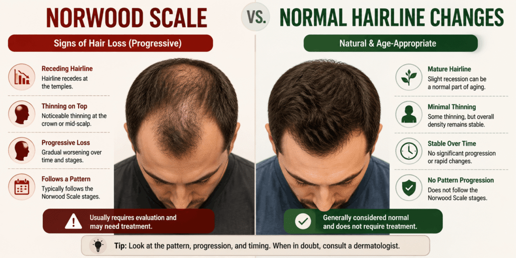 Norwood Scale vs. normal hairline changes showing progressive hair loss and natural hairline patterns