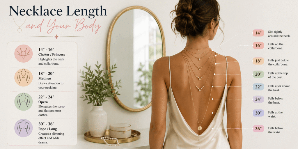Necklace length and your body showing different necklace styles and their placement