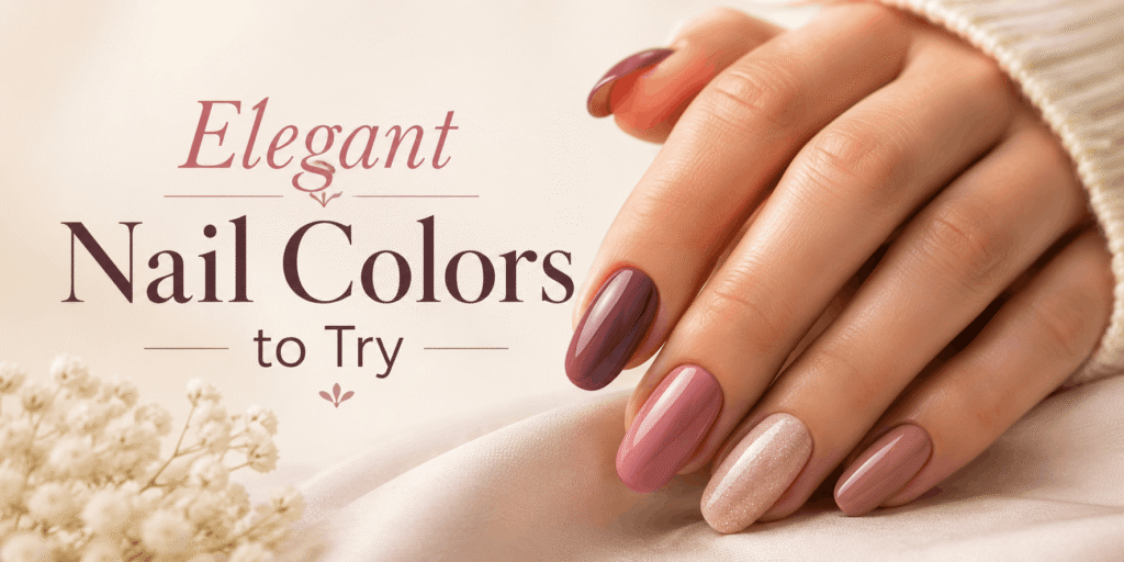 Elegant nail colors to try featuring glossy mauve, pink, nude, and rose-toned nails