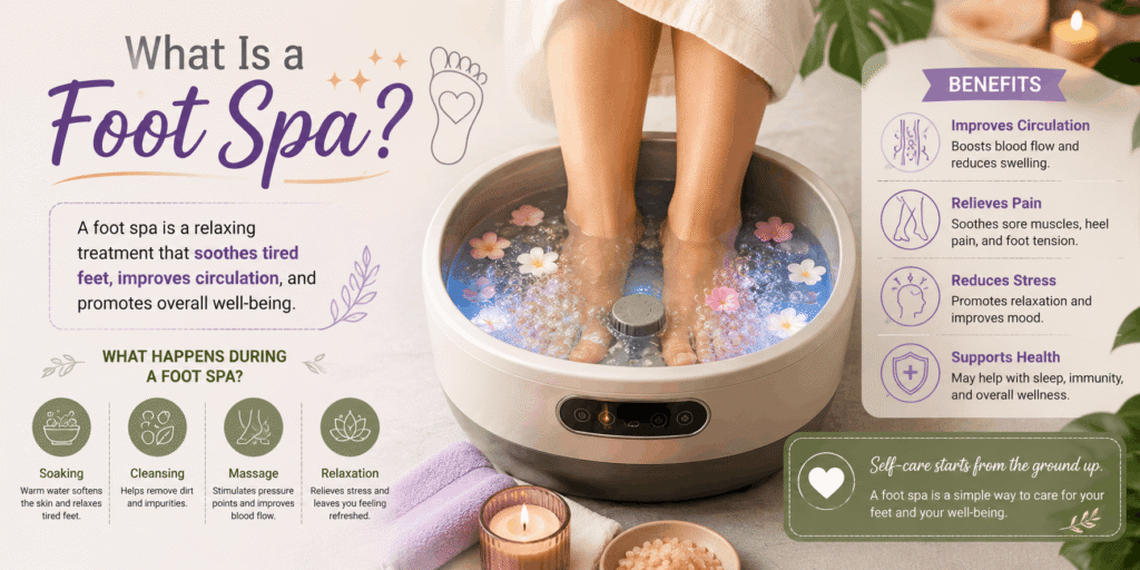 What is a foot spa showing a relaxing foot soak and spa treatment