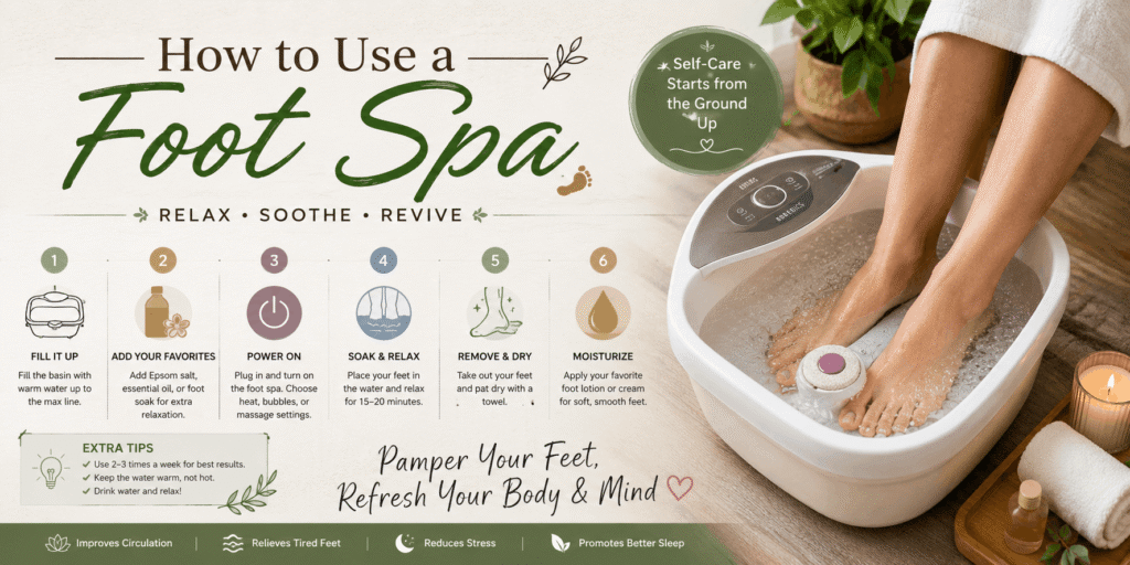 Woman relaxing in a bubbling foot spa with a step-by-step guide for a soothing at-home foot soak.
