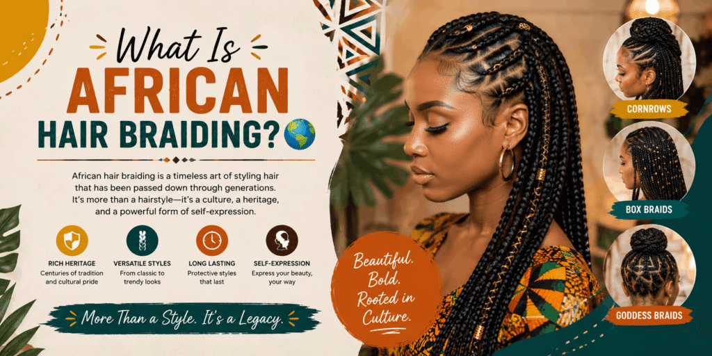 What is African hair braiding explained through traditional cornrows, box braids, and goddess braids