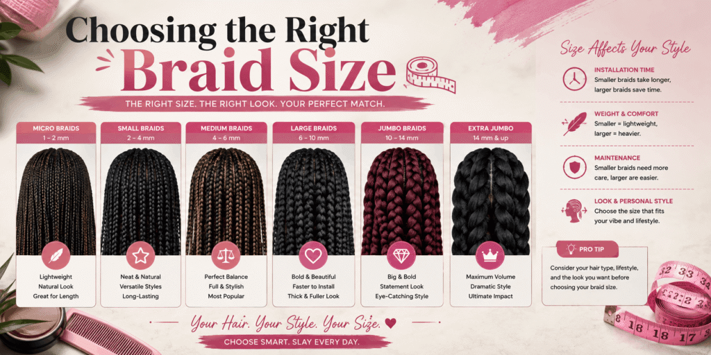 Choosing the right braid size with micro, small, medium, large, jumbo, and extra jumbo braid styles
