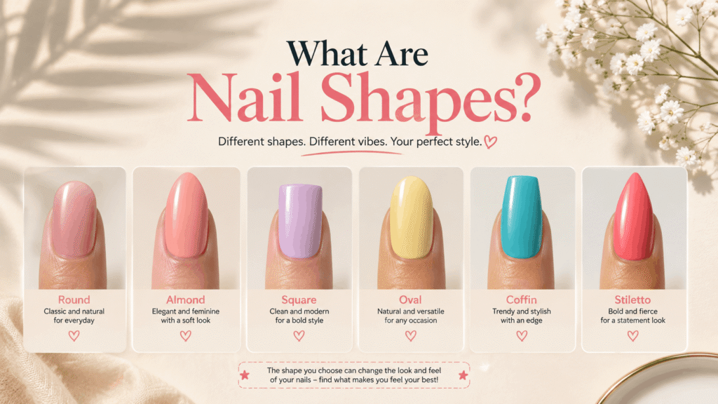 Nail Shapes – Different nail shapes including almond, oval, square, coffin, stiletto, and round styles displayed in a manicure guide.