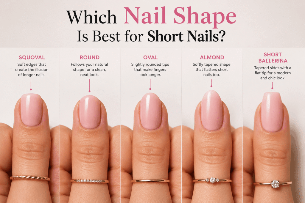 Nail Shapes – Different nail shapes including almond, oval, square, coffin, stiletto, and round styles displayed in a manicure guide.