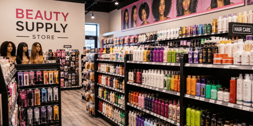 Beauty Supply – Variety of beauty products including skincare, haircare, makeup, cosmetics, and salon essentials.