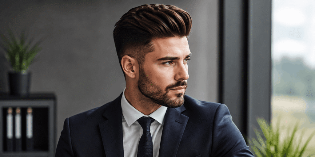 Professional men’s hairstyle with a polished pompadour haircut and neatly groomed beard