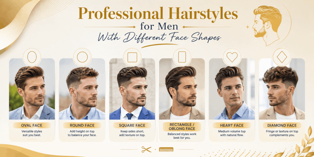 Professional hairstyles for men with oval, round, square, oblong, heart, and diamond face shapes
