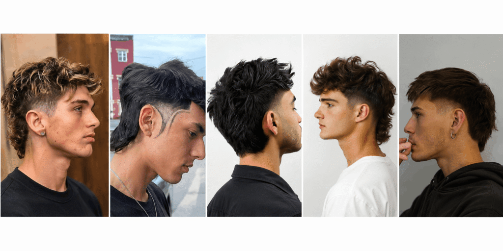 Modern menโs hairstyles featuring textured cuts, fades, mullets, and stylish side profiles