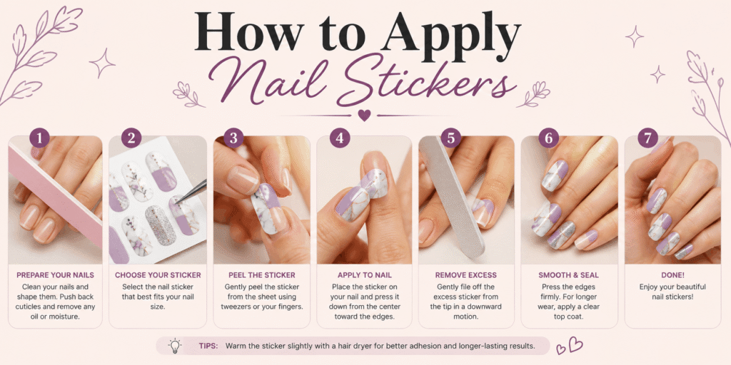 How to apply nail stickers step by step, from nail preparation to smoothing and sealing