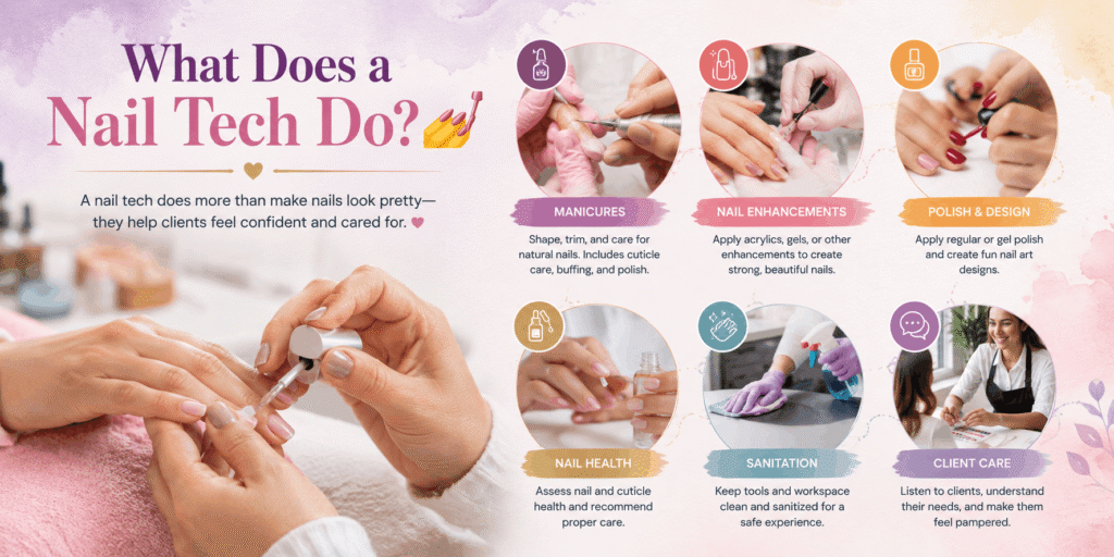 What does a nail tech do, including manicures, nail enhancements, nail art, nail care, and sanitation