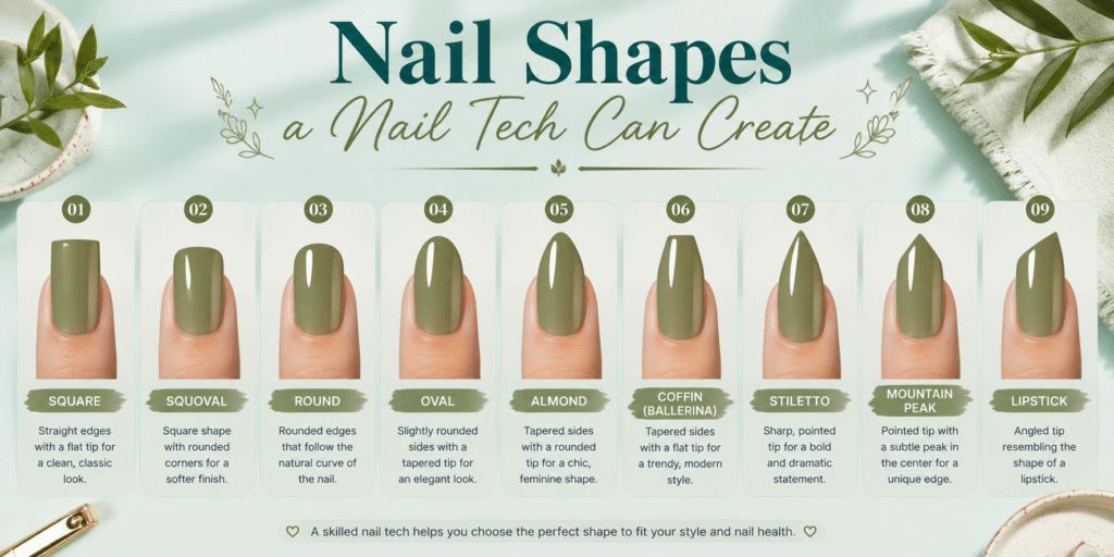 Nail shapes a nail tech can create, including square, squoval, round, oval, almond, coffin, stiletto, mountain peak, and lipstick shapes