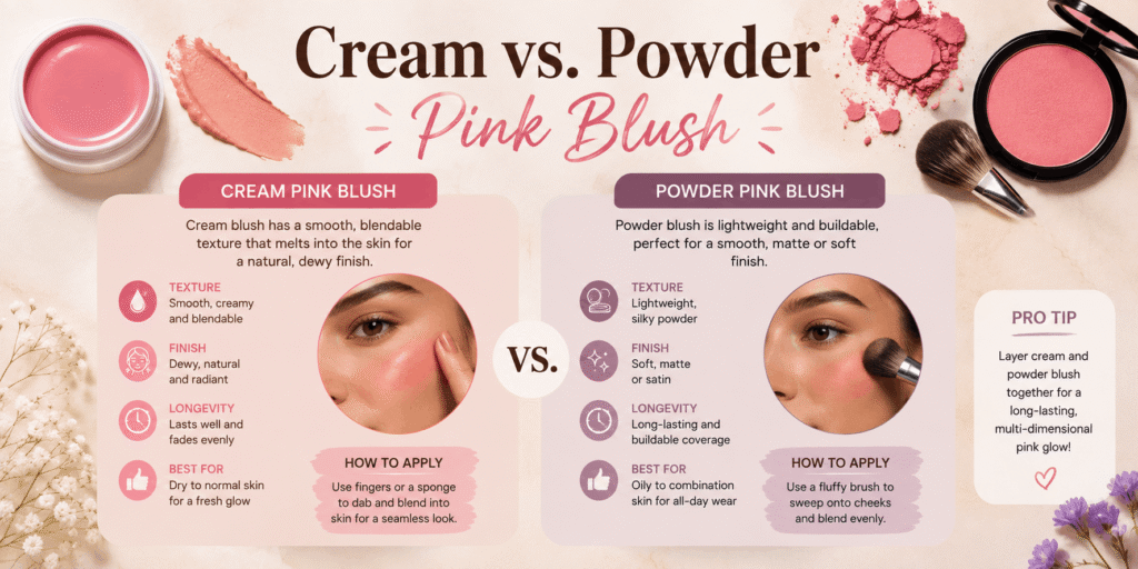 Cream vs. powder pink blush comparison showing texture, finish, application, and best skin types
