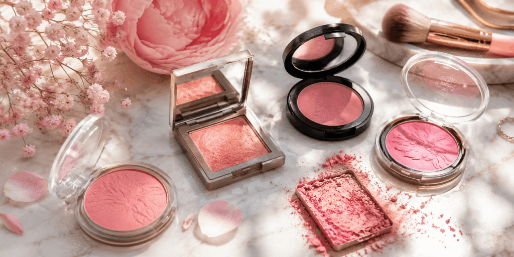Pink blush makeup compacts with flowers, makeup brush, and soft beauty accessories
