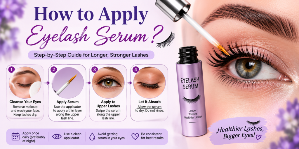 How to apply eyelash serum step by step, including cleansing, applying serum to the upper lash line, and letting it absorb