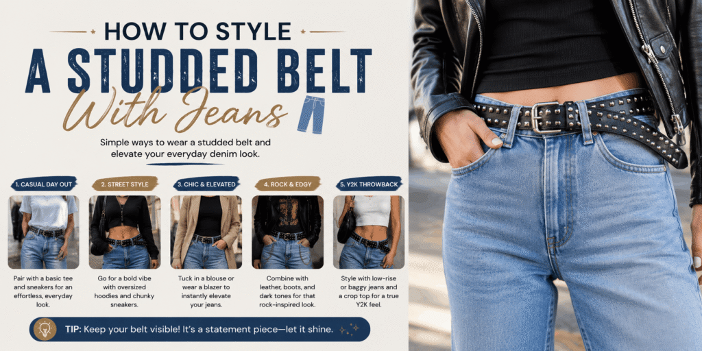 How to style a studded belt with jeans using casual, streetwear, chic, edgy, and Y2K outfit ideas
