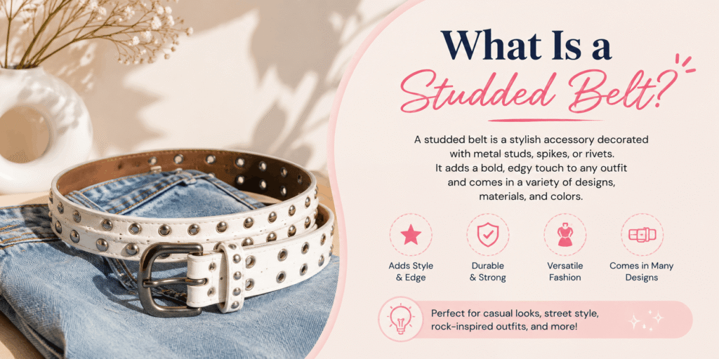 What is a studded belt, featuring a white leather belt with metal studs and a decorative buckle
