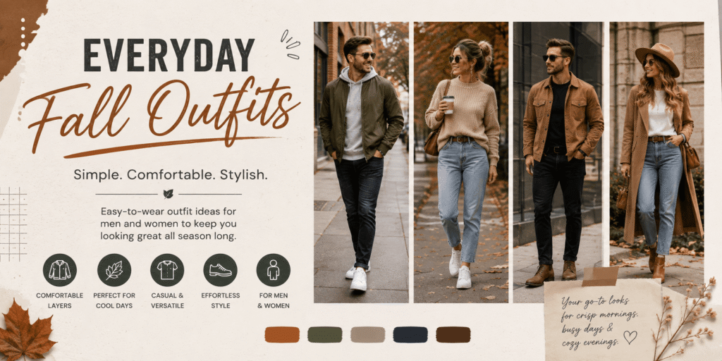 Everyday fall outfits for men and women featuring jackets, sweaters, hoodies, jeans, boots, and casual autumn layers