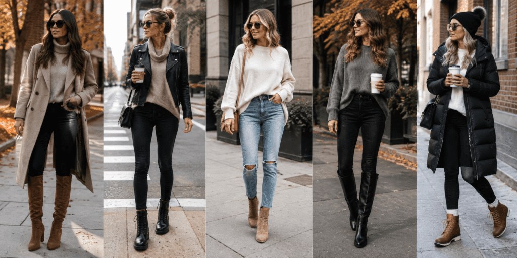 Fall outfits with boots featuring women in coats, sweaters, jeans, leggings, ankle boots, combat boots, and knee-high boots