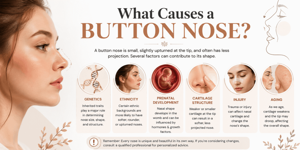 What causes a button nose, showing genetics, nasal cartilage, prenatal development, injury, and aging as factors affecting nose shape