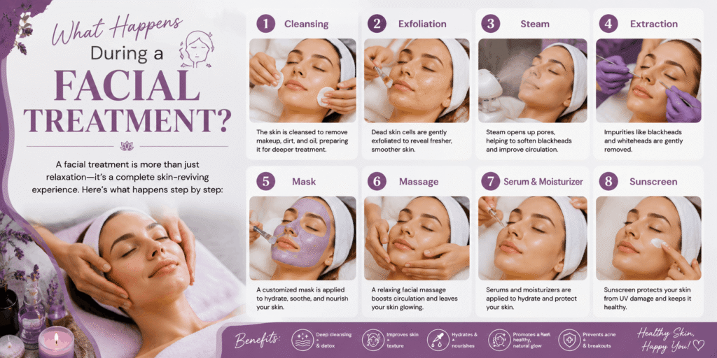 What happens during a facial treatment, showing cleansing, exfoliation, steaming, extraction, masking, massage, serum, moisturizer, and sunscreen