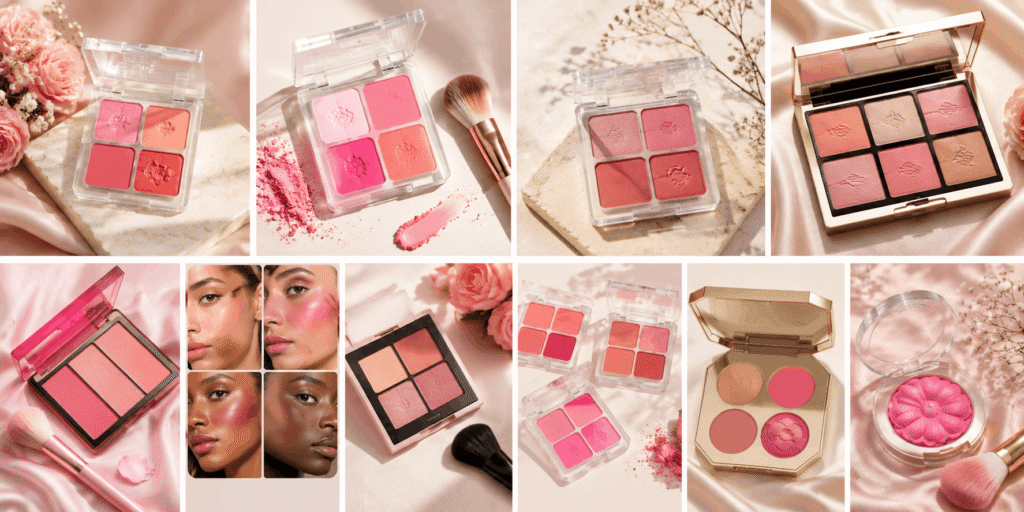 Pink blush palettes and makeup compacts in different rosy shades
