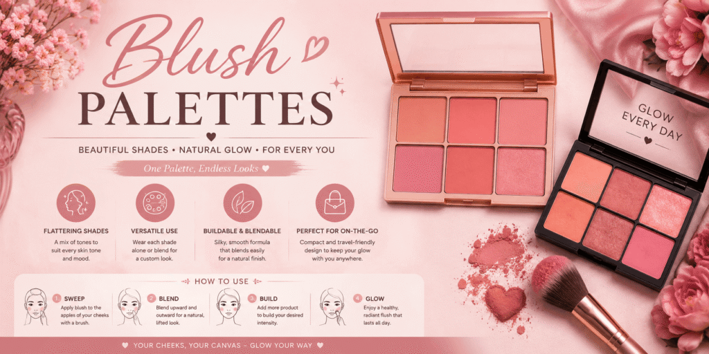 Pink blush palettes featuring multiple rosy shades, makeup brushes, and blendable colors for a natural cheek glow.