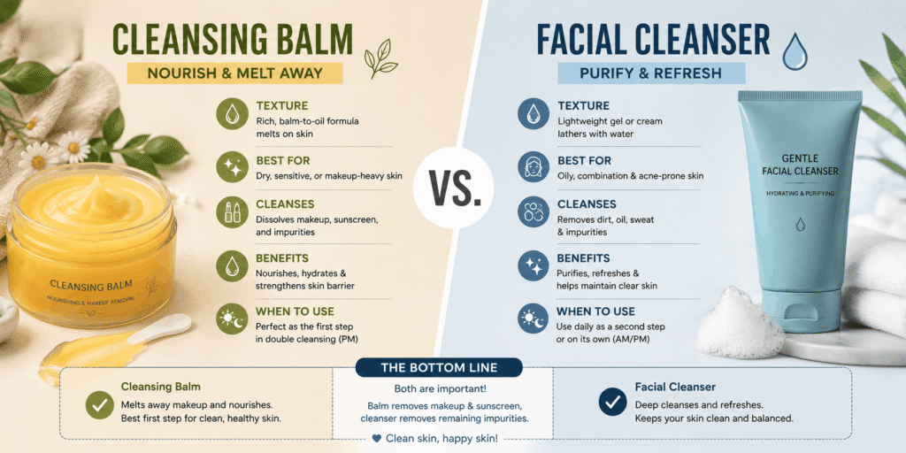 Cleansing balm vs facial cleanser comparison showing their textures, benefits, ideal skin types, and cleansing uses.