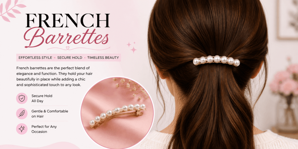 French barrette with pearl accents securing a stylish hairstyle