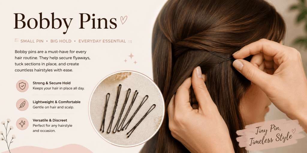 Bobby pins securing a section of brown hair in a stylish hairstyle