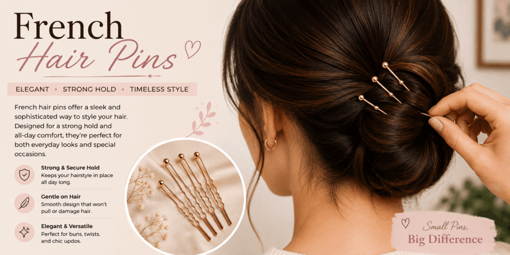 French hair pins securing an elegant twisted bun hairstyle