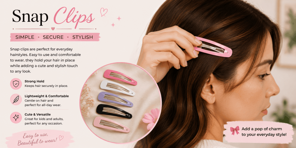 Pink snap clip securing a section of brown hair